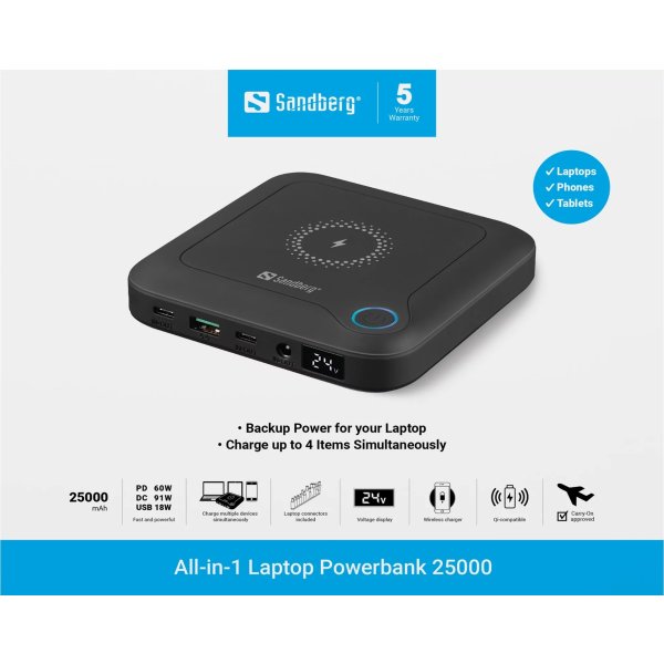 Sandberg All-in-1 Laptop Powerbank, 25000 mAh