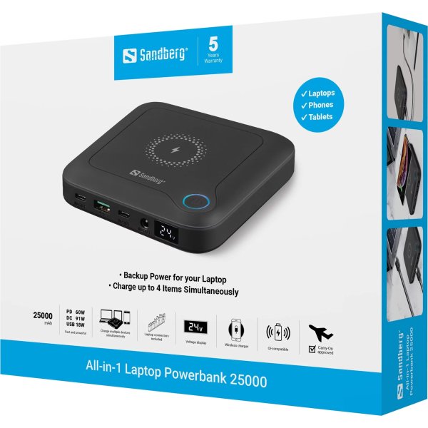 Sandberg All-in-1 Laptop Powerbank, 25000 mAh