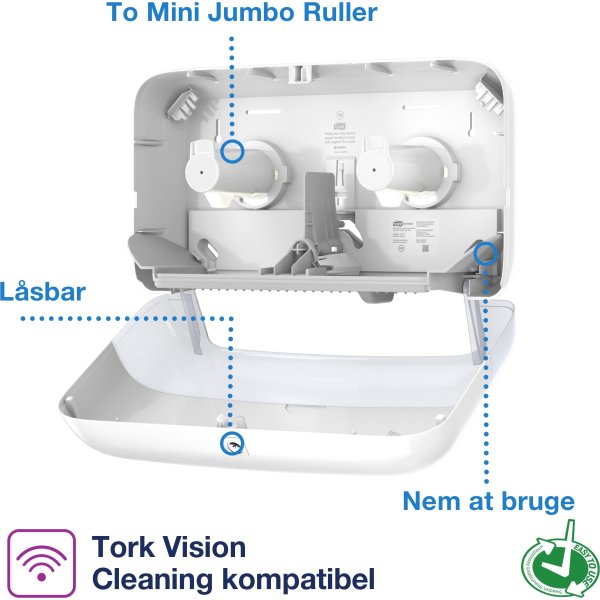 Tork T2 Twin Dispenser MiniJumbo Toiletpapir, Hvid