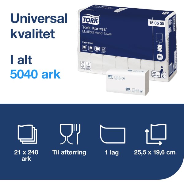 Tork H2 Uni Håndklædeark Z-fold, 1-lags, 21 pk