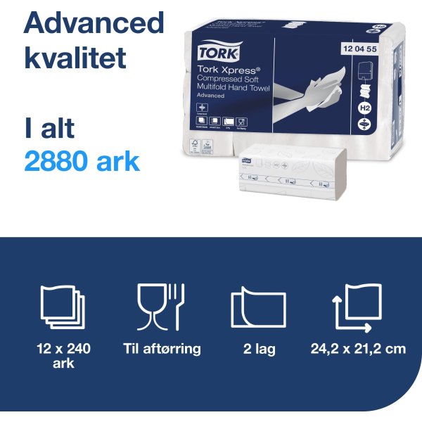 Tork H2 Compressed Adv. Håndklædeark Z-fold, 12 pk