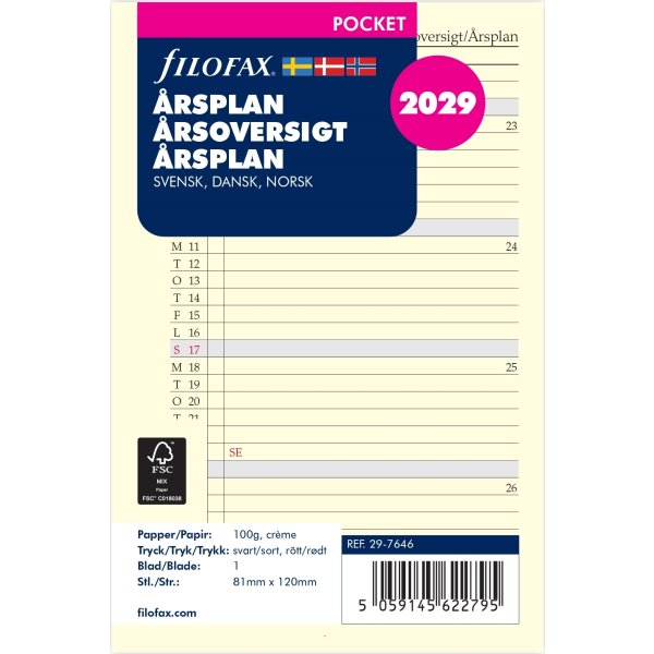 Filofax 2029 Refill | Pocket | Årsplan