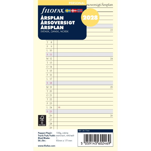 Filofax 2028 Refill | Personal | Årsplan