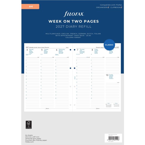 Filofax 2027 Refill | A4 | Uge | 5 sprog