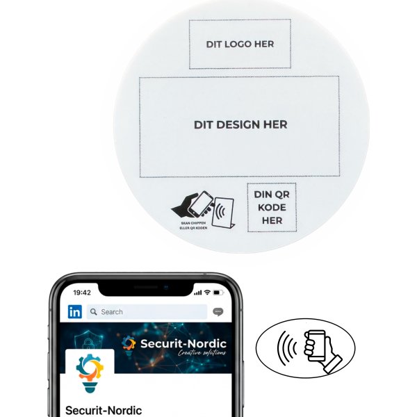 Skilt m/chip selvklæb rund, eget logo og design