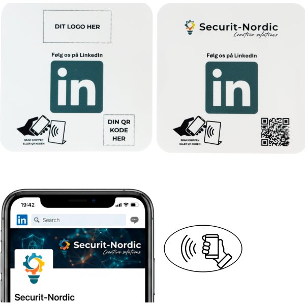 Skilt m/chip selvklæb kvadrat, eget logo, LinkedIn