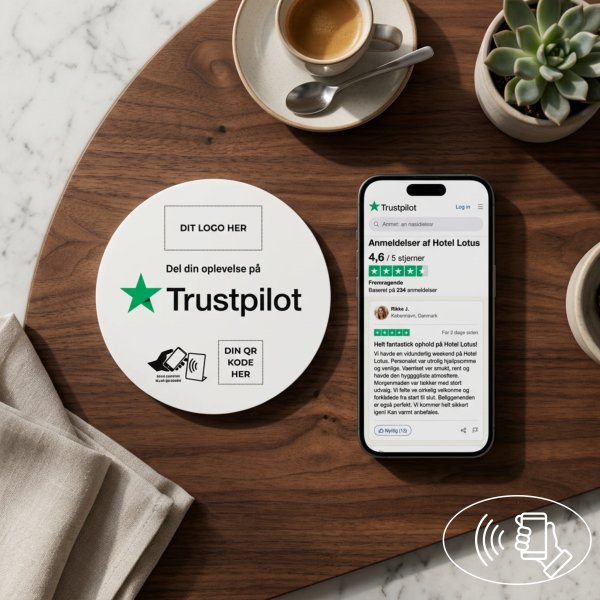Skilt m/chip selvklæb rund, eget logo, Trustpilot