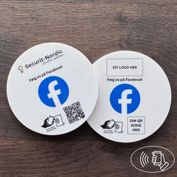 Skilt m/chip selvklæb rund, eget logo, Facebook
