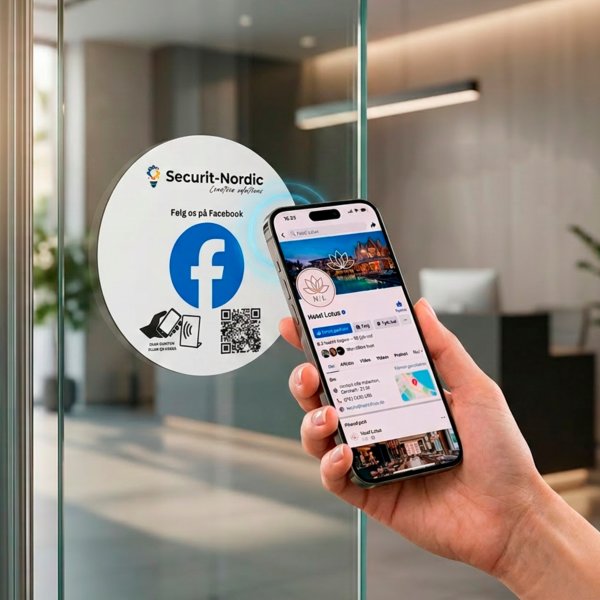 Skilt m/chip selvklæb rund, eget logo, Facebook