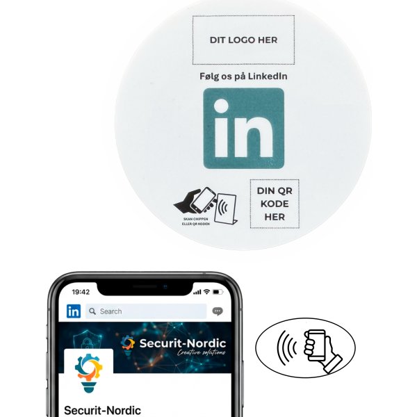 Skilt m/chip selvklæb rund, eget logo, LinkedIn
