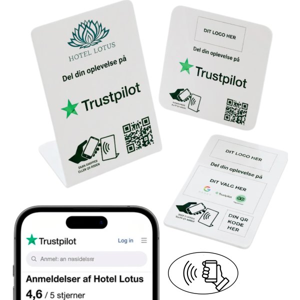 Skiltepakke m/chip, 3 stk, eget logo, Trustpilot