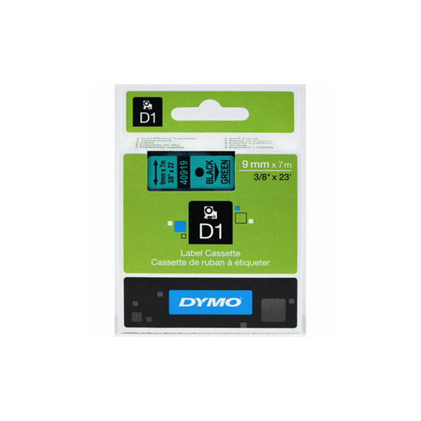 Dymo D1 labeltape 9mm, sort på grøn