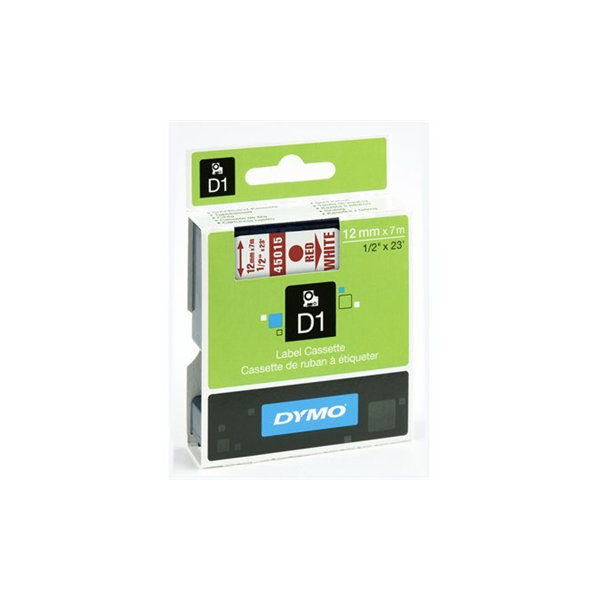 Dymo D1 labeltape 12mm, rød på hvid