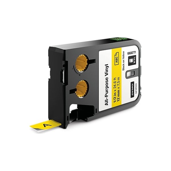 Dymo XTL, vinyltape, 12 mm, sort på gul