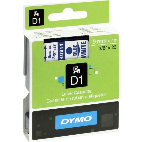 Dymo D1 labeltape 9mm, blå på hvid
