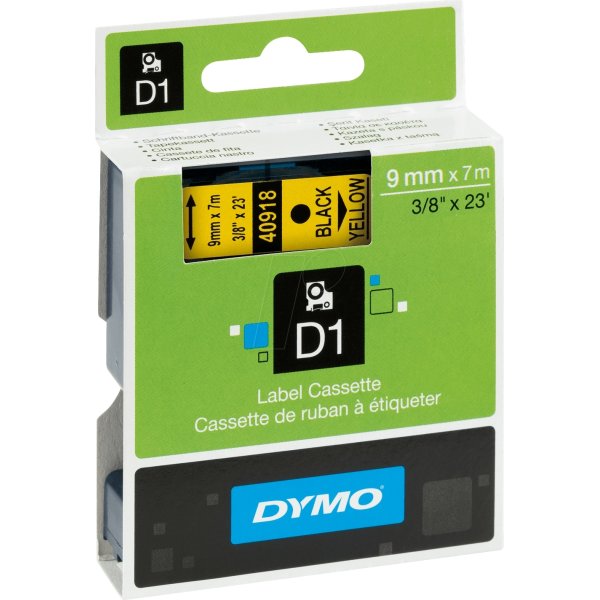 Dymo D1 labeltape 9mm, sort på gul