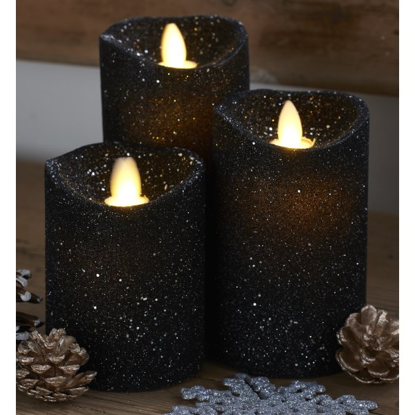 Sara LED vokslys, Sort glitter, 3 stk.
