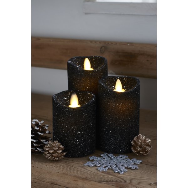 Sara LED vokslys, Sort glitter, 3 stk.