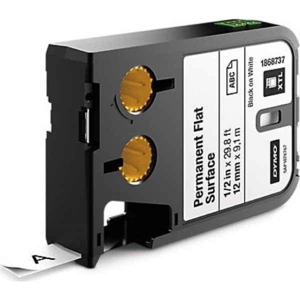 Dymo XTL, permanent polyester, 12mm, sort på hvid