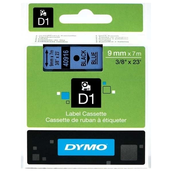 Dymo D1 labeltape 9mm, sort på blå