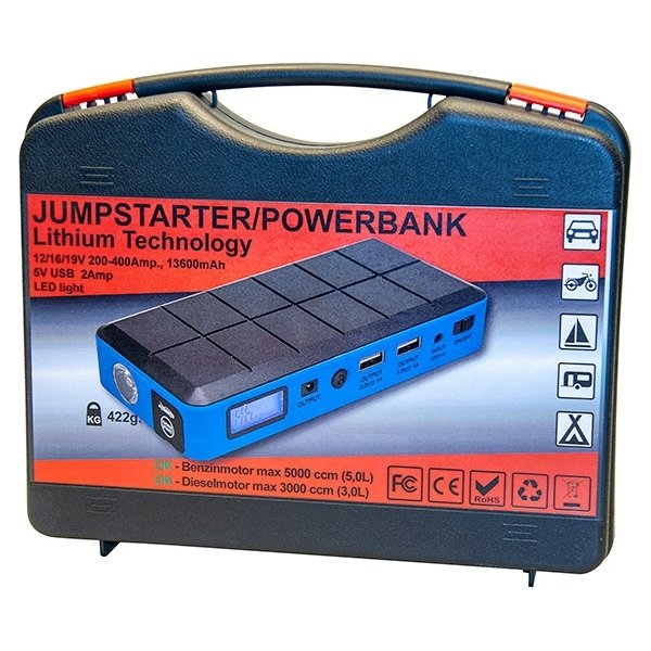 Jumpstarter, T2A, 200-400A,2 USB udtag, LED lygte