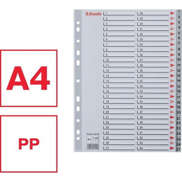 Esselte register A4, 1-54, plast, grå