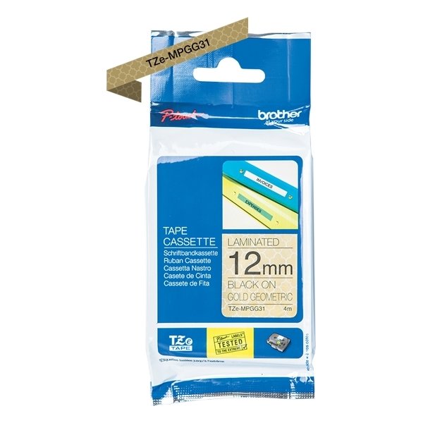 Brother TZe-MPGG31 labeltape 12mm, sort på guld