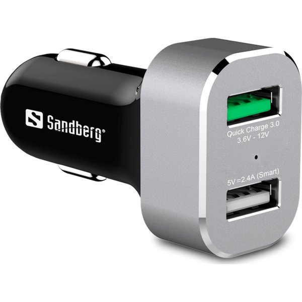 Sandberg biloplader - 1x QC 3.0 og 1x USB2.4A
