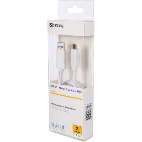 Sandberg USB-C 3.1 til USB-A 3.0 kabel, hvid (2m)