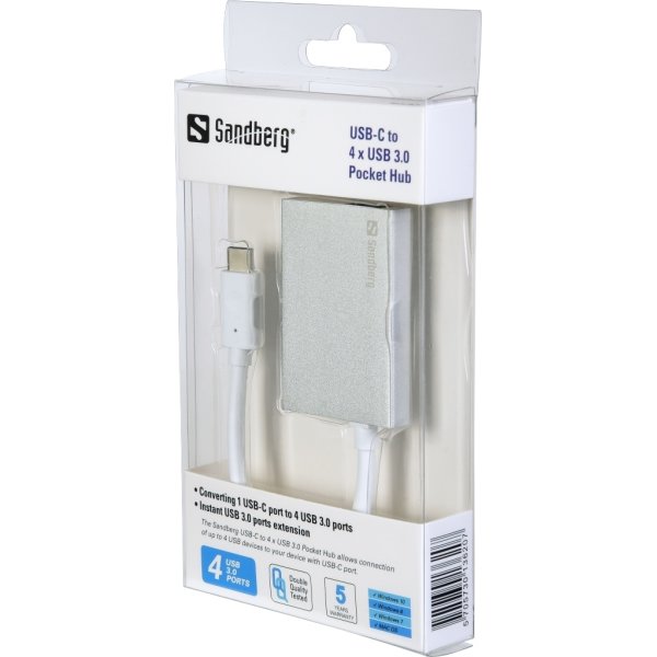 USB-C to 4 xUSB 3.0 Pocket Hub, White