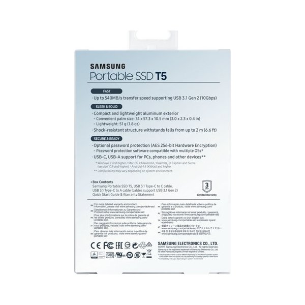 Samsung T5 ekstern SSD harddisk 250GB, blå