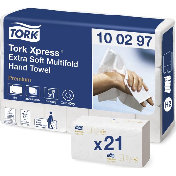 Tork H2 Xpress Premium Håndklædeark, 4-fold, 21 pk