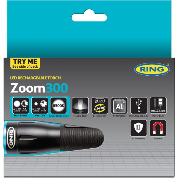 RING ZOOM 300 Genopladelig LED lygte m. powerbank