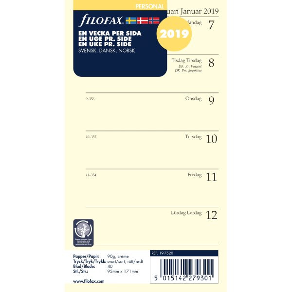 Filofax Refill Personal Uge/Side, 2019