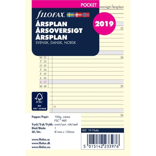 Filofax Refill Pocket Årsplan, 2019