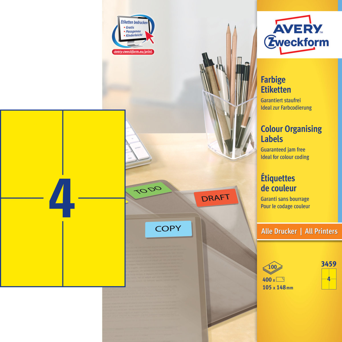 Avery 3459 farvede etiketter, 105 x 148mm, gul