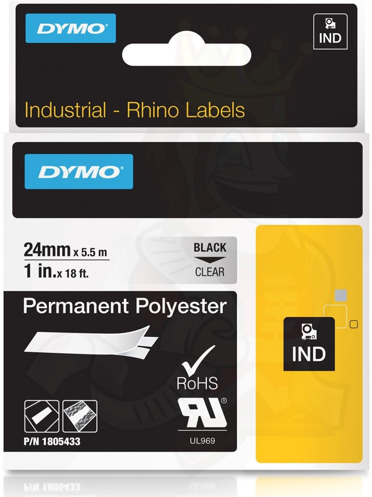 Dymo RHINO Permanent Polyester 6mm, sort på klar