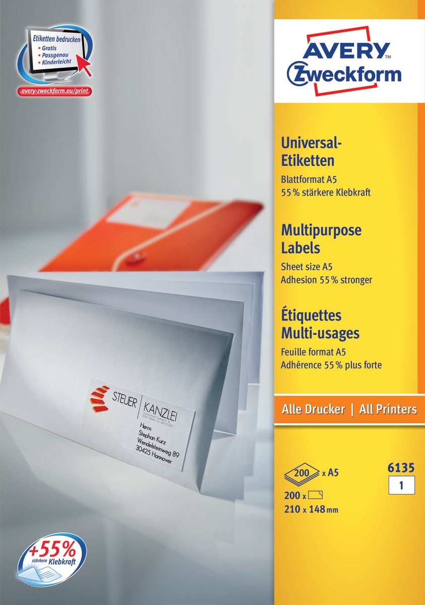 Avery 6135 Etiketter A5 | 210x148 mm | 200 stk.