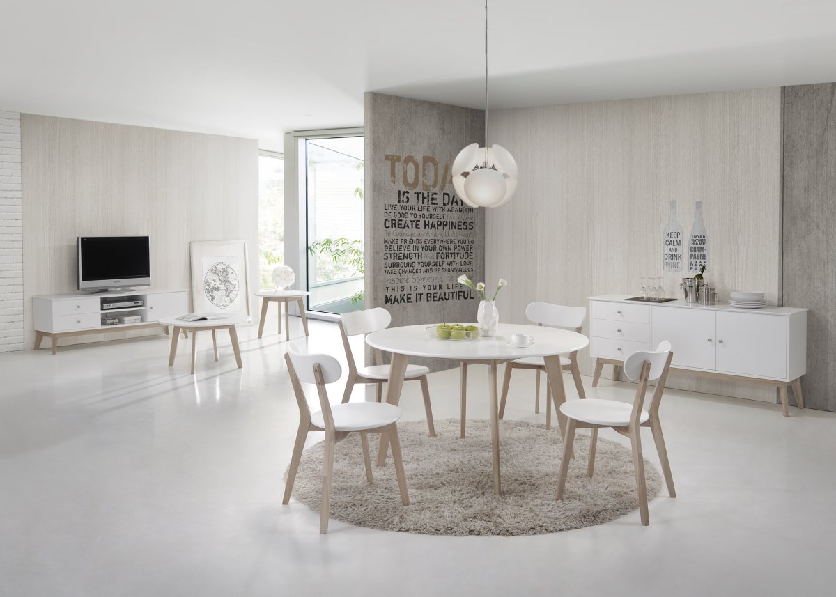 Copenhagen kantinebord, Ø120 cm. Hvid/Eg whitewash