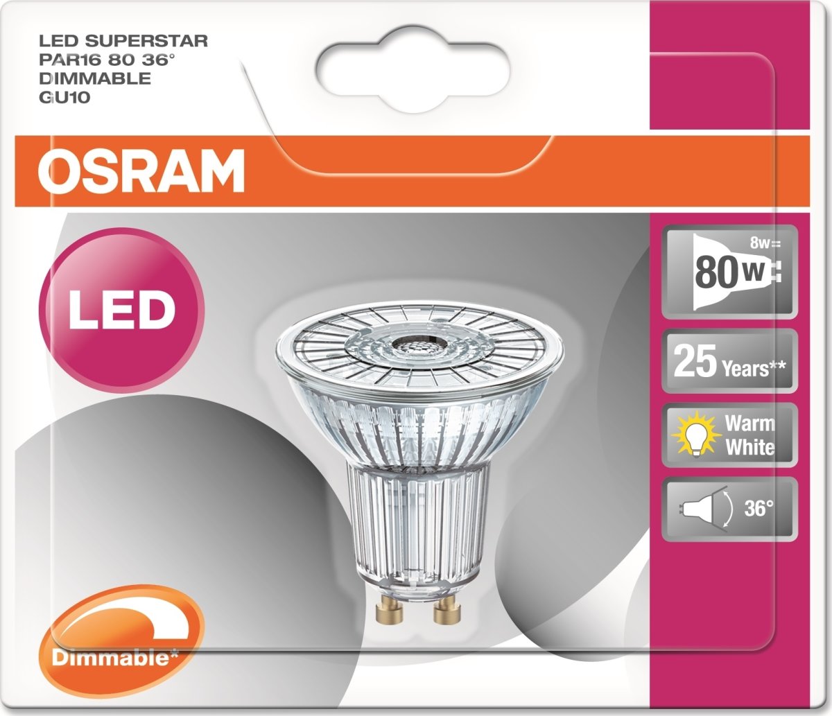Osram LED Spotpære GU10, 7,2 W=80W, dæmpbar