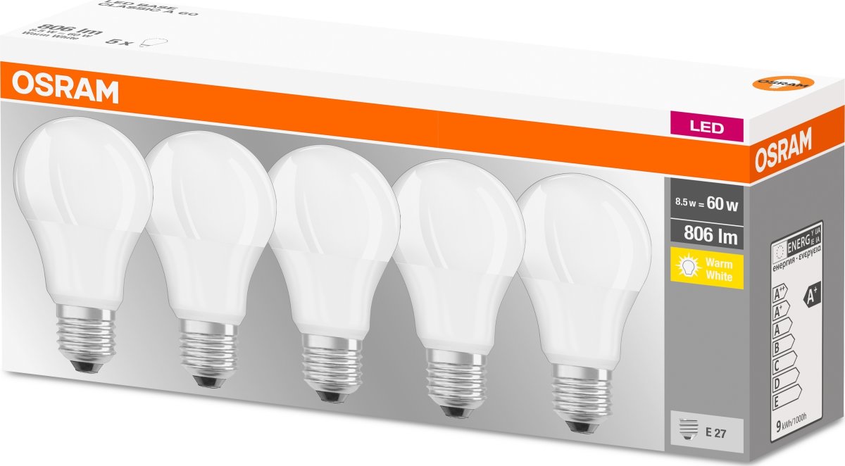 Osram LED Standardpære E27, 8,5W=60W 5-pak