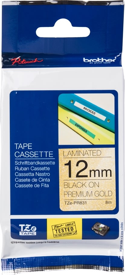 Brother TZe-PR831 labeltape 12mm, sort på guld