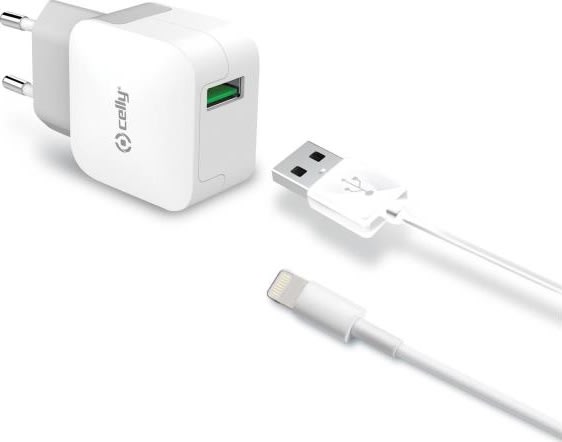 Celly USB-oplader med Lightning-kabel, hvid