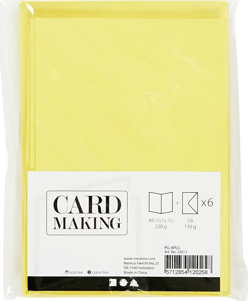 Brevkort og kuverter, 6 sæt, gul