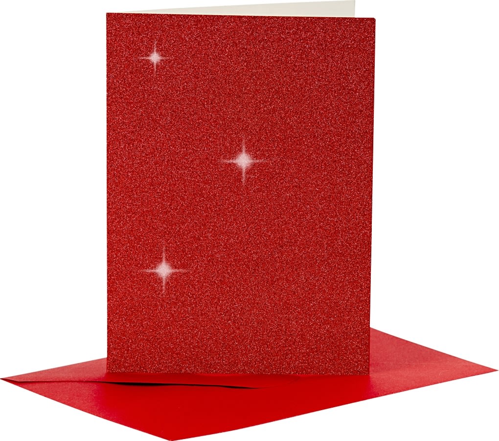Glitterkort og kuverter, 4 sæt, rød