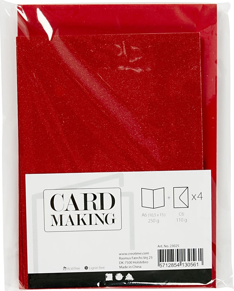 Glitterkort og kuverter, 4 sæt, rød