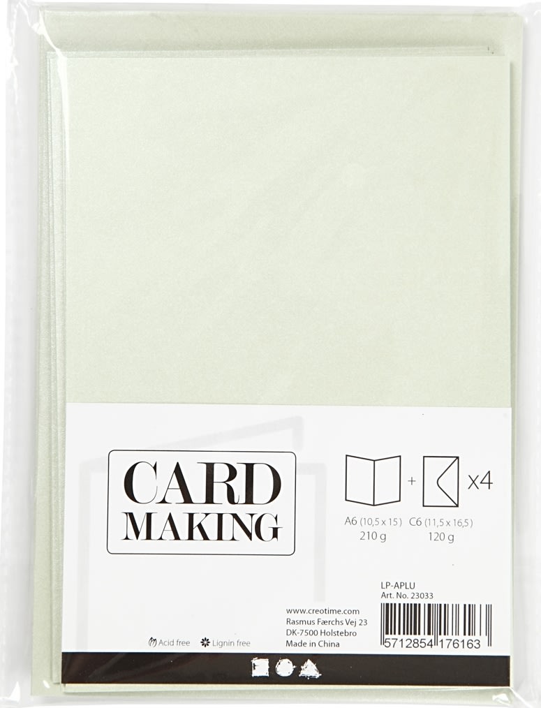 Perlemorskort og kuverter, 4 sæt, lysegrøn