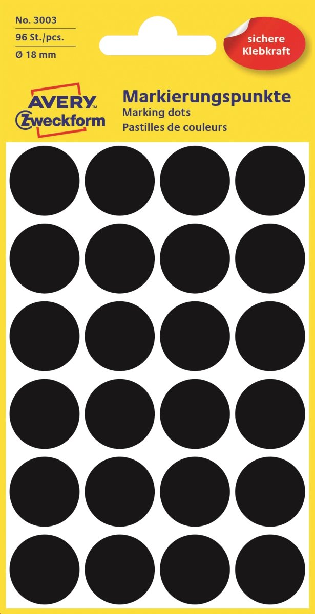 Avery Etiket farvedots | Ø18 mm | Sort | 96 stk.