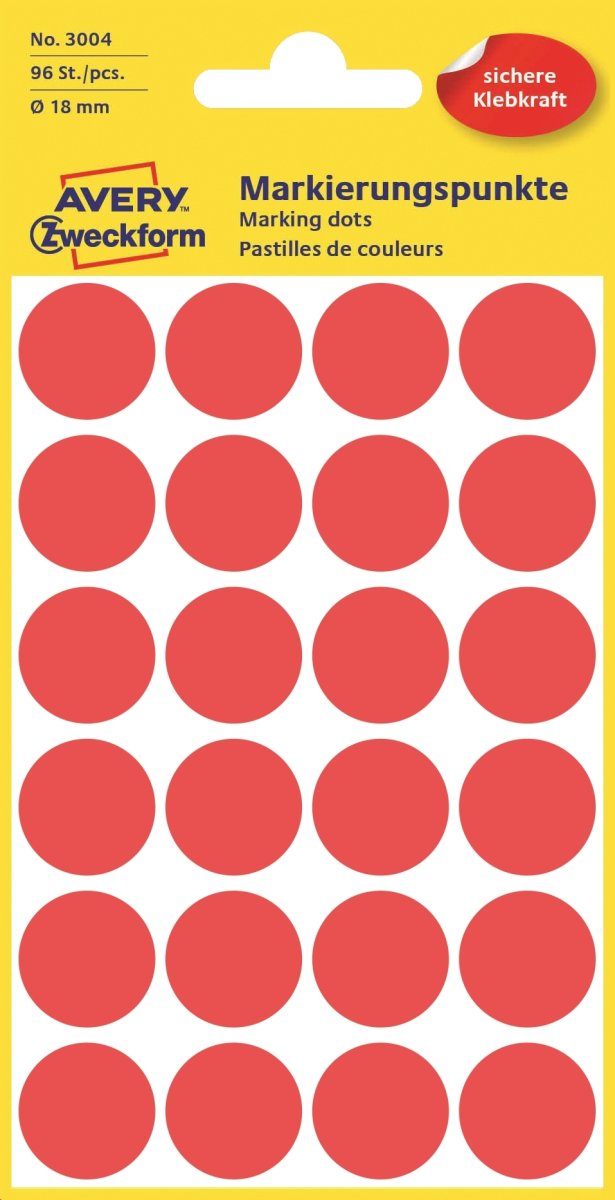 Avery Etiket farvedots | Ø18 mm | Rød | 96 stk.
