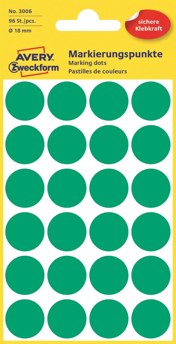 Avery Etiket farvedots | Ø18 mm | Grøn | 96 stk.